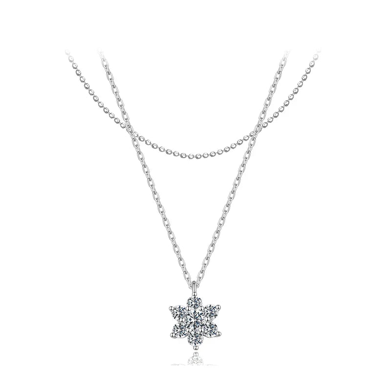 Double-layer Moissanite Necklace for Women, 925 Sterling Silver Snowflake Pendant Necklace for Women Dazzling Winter Gift