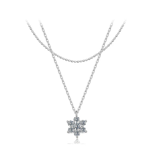 Double-layer Moissanite Necklace for Women, 925 Sterling Silver Snowflake Pendant Necklace for Women Dazzling Winter Gift