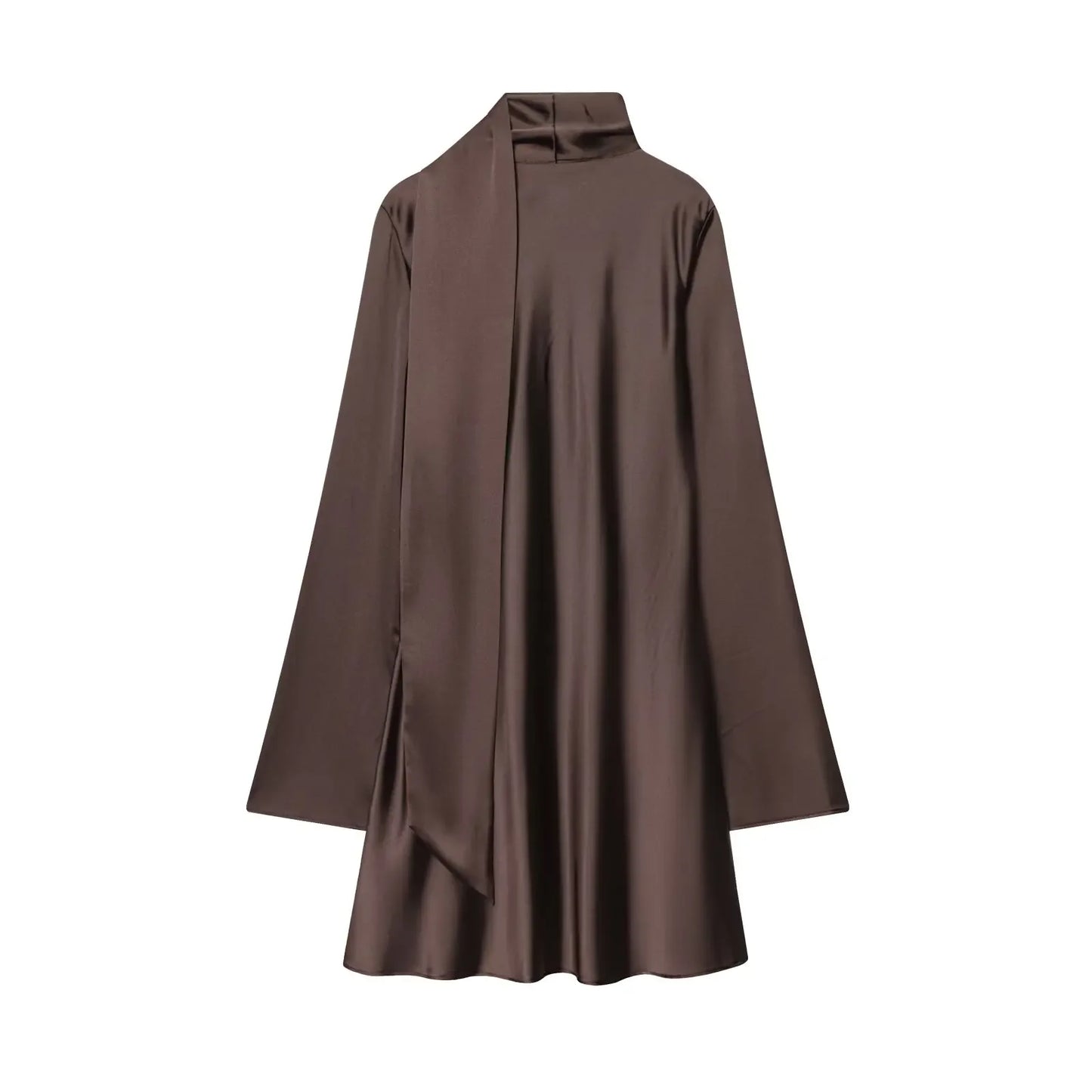 Women Fashion Satin Elegant Short Dress Summer Autumn New Long Sleeve Scarf V neck Mini Dress Female Elegant Party Dresses