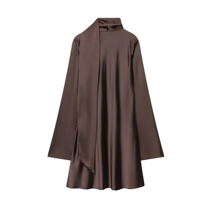 Women Fashion Satin Elegant Short Dress Summer Autumn New Long Sleeve Scarf V neck Mini Dress Female Elegant Party Dresses