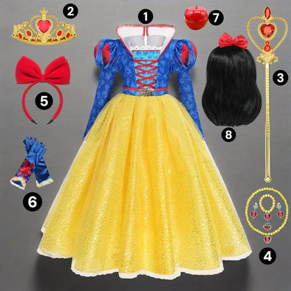 Deluxe Snow White Gown Set with Accessories Princess Costume Fairy Cosplay for Girls Kids Toddler Carnival Party Vestido