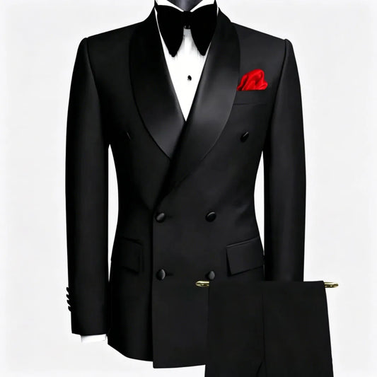Men Suit Black 2 Pieces Double Button With Black Lapel For Wedding Groom Business Birthday Banquet Work Suit Jacket And Pants