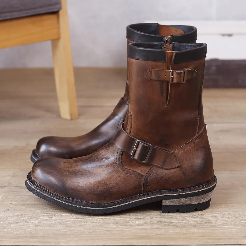 Vintage Mens Cowhide Genuine Leather High Top Engineer Boots Buckle Round Toe Motorcycle Riding Boots Zipper Work Safety Shoes