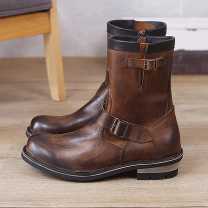 Vintage Mens Cowhide Genuine Leather High Top Engineer Boots Buckle Round Toe Motorcycle Riding Boots Zipper Work Safety Shoes