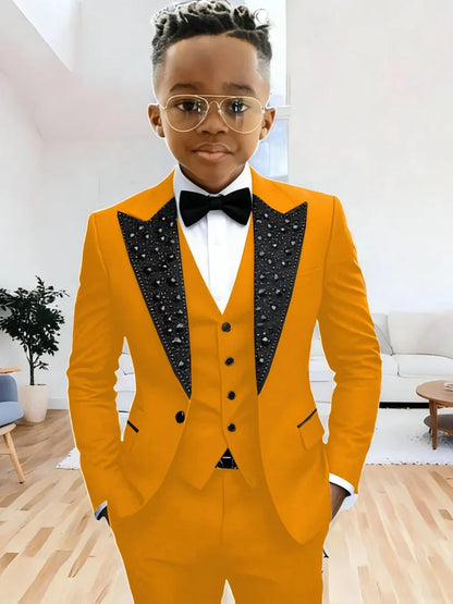 Boys Luxury Beaded Suit Set 3 Pieces For Evening Party High Quality Peak Lapel Suits Piano Performance Wear Elegant Plus Size