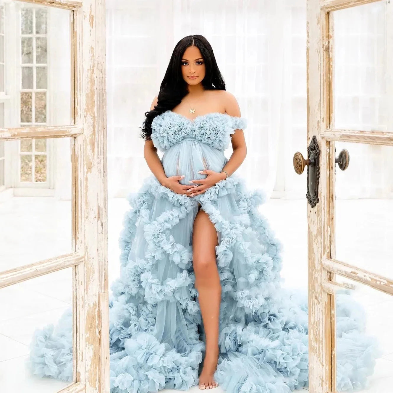 Off Shoulder Spaghetti Ball Gown Maternity Dresses for Photoshoot Hot Sale Pink Pregnant Woman Dress for Babyshower Cloud Dress