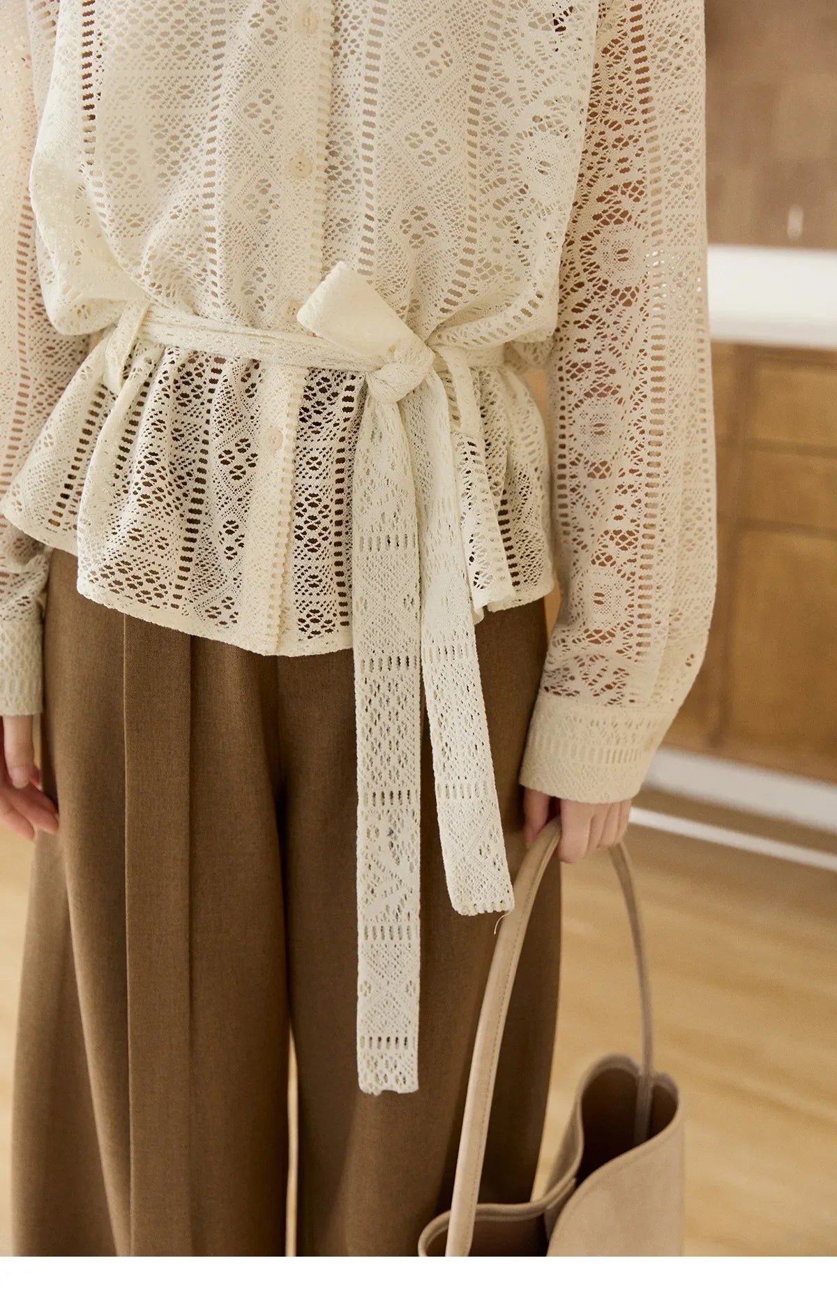 Women's Hollow-out Lace Shirt Camisole Set 2026 Spring Lapel Drawstring Waist Sheer Casual Two-Piece Knitwear MXF108C0816