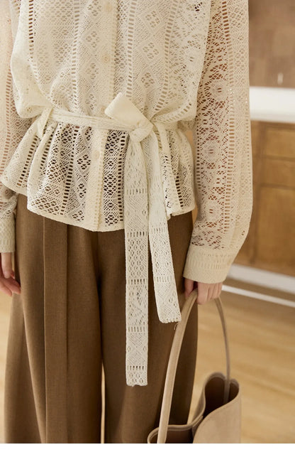 Women's Hollow-out Lace Shirt Camisole Set 2026 Spring Lapel Drawstring Waist Sheer Casual Two-Piece Knitwear MXF108C0816