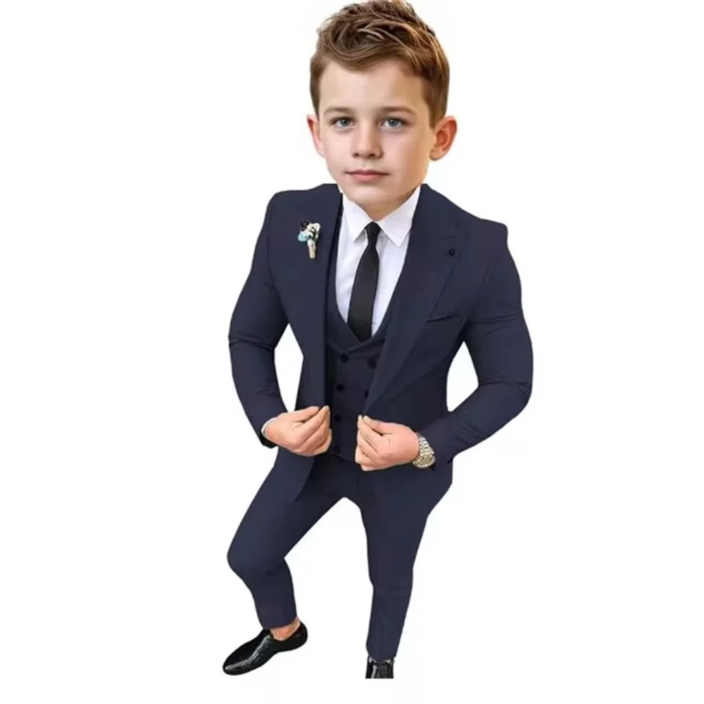 Boys Formal Slim Fit Suits 3 Pieces Holiday Celebration Outfit,Autumn Long Sleeve Kids Peak Lapel Suit Set Wedding Guest Wear