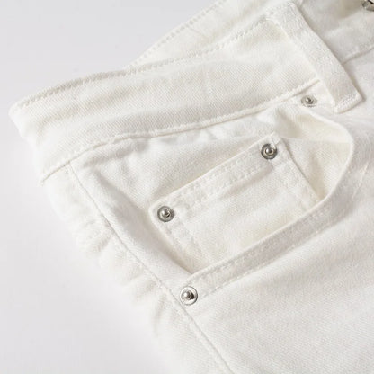 Men's White Stretch Ripped Biker Jeans Slim Skinny Pleated Patchwork Denim Pants