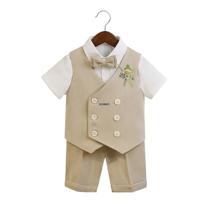 Boys Summer Vest Shorts Performance Suit Children Formal Wedding Dress Kids Photography Suit Baby Birthday Ceremony Costume