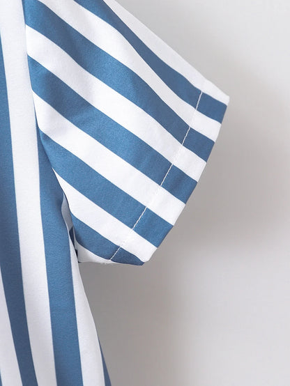 2pcs Summer Boys Blue & White Striped Shirt Set, Soft Style, Daily/Party Wear, Suitable for 1‑4Y, Breathable Fabric