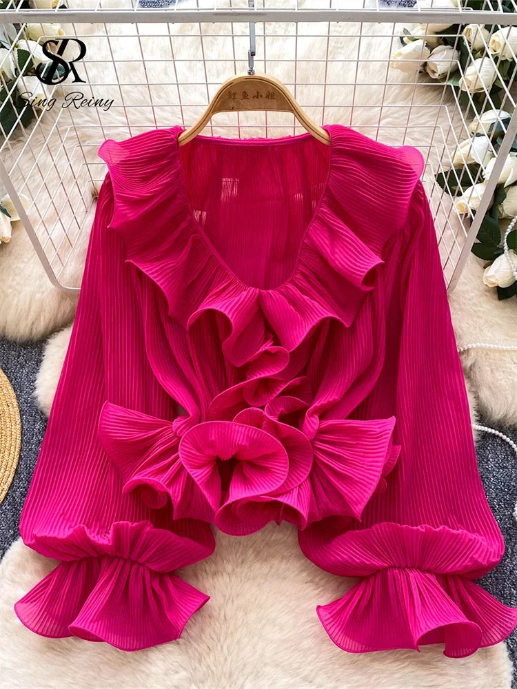 Ruffles Pleated Romantic Tops Thin Spring Summer V Neck French Elegant Blouse Fairycore Flowy Office Lady Luxury Shirt
