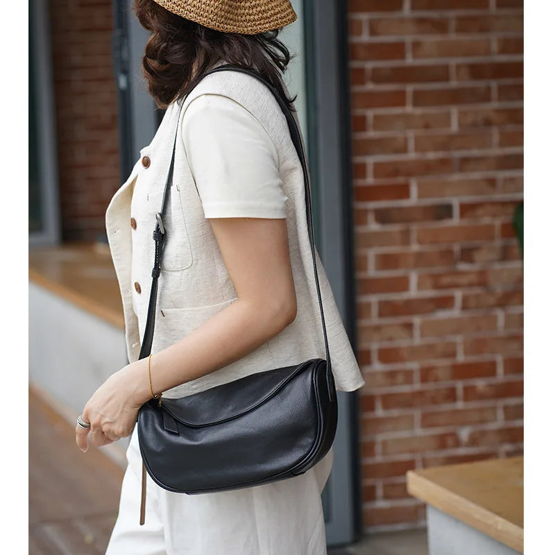 High Quality Genuine Leather Crossbody Luxury Handbag for Women, Large Capacity Shoulder Bag, Cowhide Retro Fashion Saddle Bag