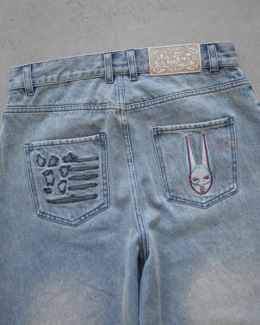 D4C JoJo  Y2K Men High Waist Baggy Jeans Women Pink Heart Side Embroidery Loose Fit Washed Denim Pants Streetwear Wide Leg Pants
