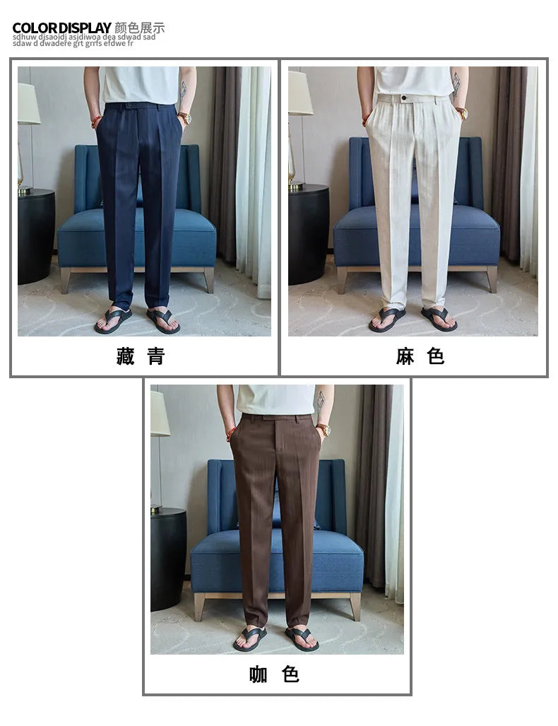 Summer New Linen Breathable Trousers High Quality Fashion Men Straight Casual Pants Men Slim Fit Solid Business Office Suit Pant