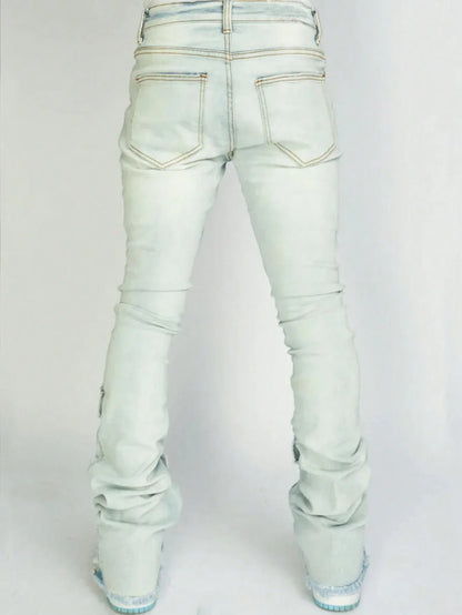 Men Jeans Long Pant Denim Flare Pants Hole Straight Trousers Slim Fit High Waist Casual Button Pocket Splice Autumn Winter