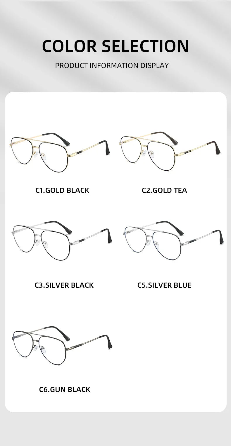 Double Bridge Anti-Blue Light Reading Glasses Men's Metal Pilot Style Leisure Travel Customized Prescription Myopia RS6912