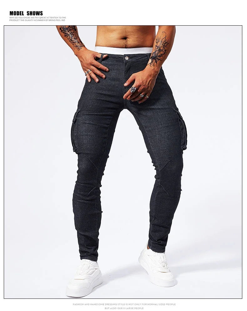 Slim Fit Large Pocket Jeans Cargo Pants for Men Fashionable Casual Hip Hop Stretch Denim Long Pants Male Streetwear Track Pants