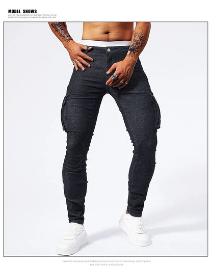 Slim Fit Large Pocket Jeans Cargo Pants for Men Fashionable Casual Hip Hop Stretch Denim Long Pants Male Streetwear Track Pants