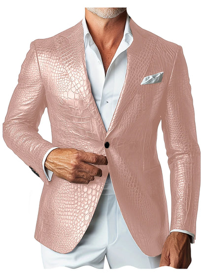Luxury Men's Crocodile Embossed Leather Blazer Notch Lapel Suit Fit 1 Button Jacket Shiny Croc Print Formal Business Party Coat