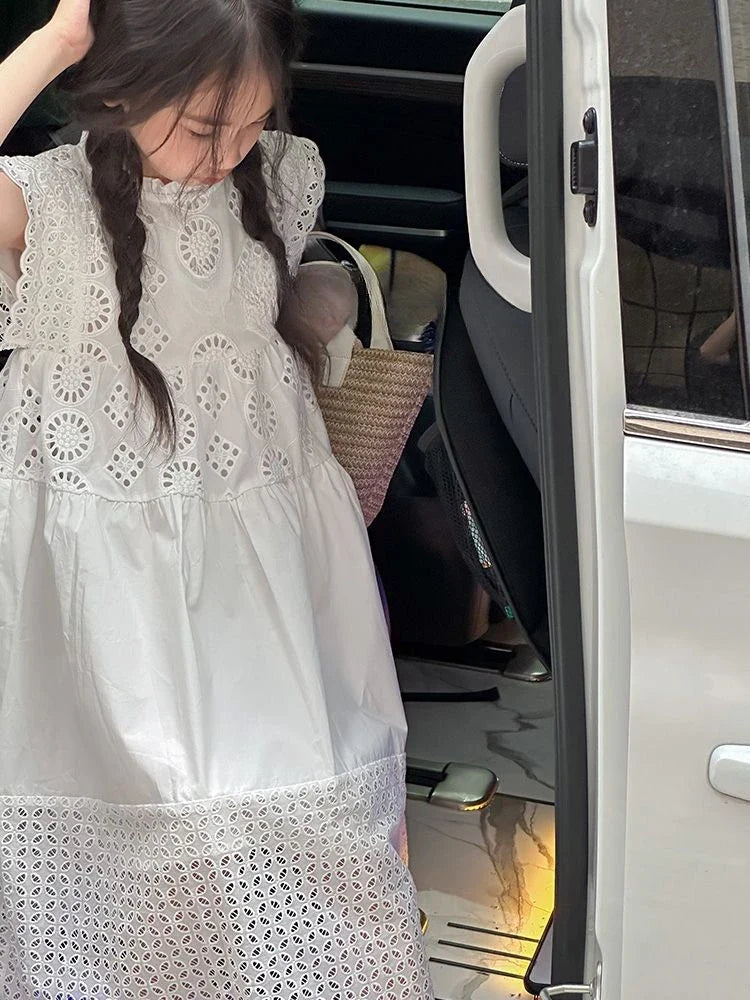 Cotton Medium To Large Children's Clothing Lace White Dress Girls' Princess Little Fresh Vest Dress 2025 Summer New Style