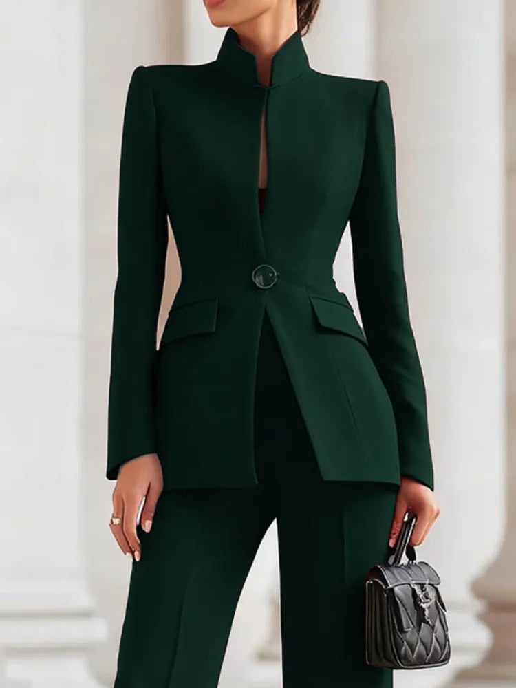 Yeezzi Women's Stand Collar Formal Office Business Blazer Long Sleeves Slim Fit Single Button Pockets Solid Color Outerwears