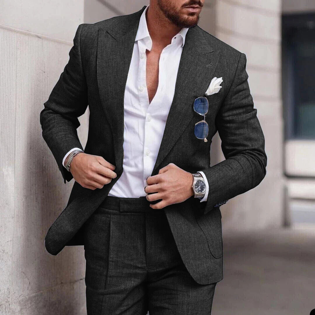 Men's 2 Piece Linen Suit Slim Fit Notch Lapel Casual Blazer Jacket & Trousers Business Wedding Party Formal Dress Set for Men