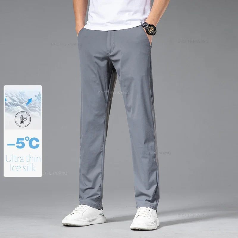 Ultra-thin Ice Silk Cool Men's  Casual Pants Summer New High Elasticity Quick-drying Drape Business Straight Trousers Black Gray