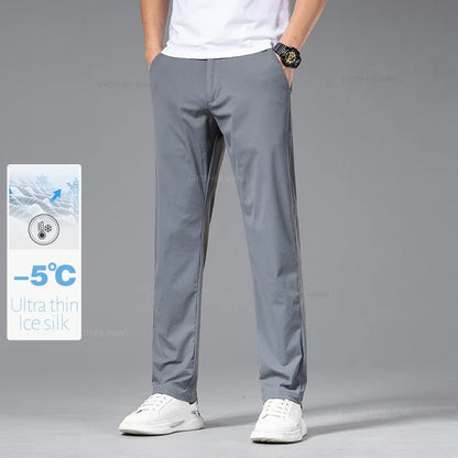 Ultra-thin Ice Silk Cool Men's  Casual Pants Summer New High Elasticity Quick-drying Drape Business Straight Trousers Black Gray
