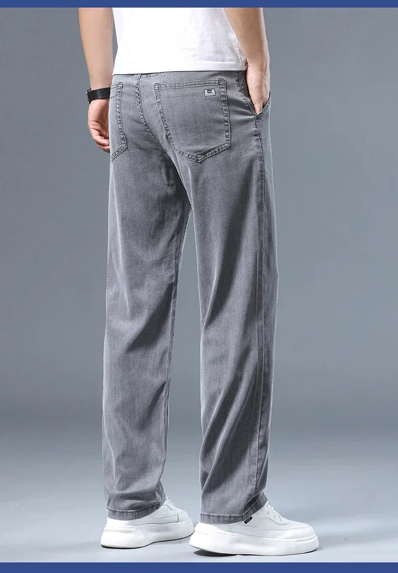 Summer Thin Men's Loose Straight Jeans Lyocell Soft Drape Business Casual Trousers Classic Smoke Gray Brand Ice Silk Pants