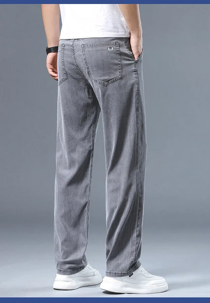 Summer Thin Men's Loose Straight Jeans Lyocell Soft Drape Business Casual Trousers Classic Smoke Gray Brand Ice Silk Pants
