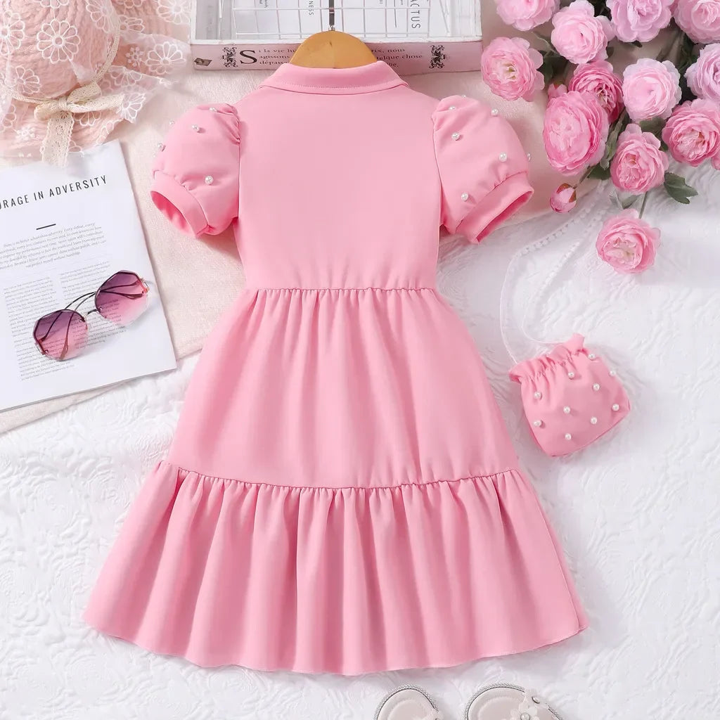 【Free Bag】 Toddler Girl Dress Summer Pearl Casual Cute Children Princess Dresses Birthday Party Kids Girls Dress 3 4 5 6 7 Yrs