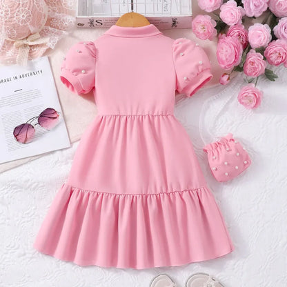【Free Bag】 Toddler Girl Dress Summer Pearl Casual Cute Children Princess Dresses Birthday Party Kids Girls Dress 3 4 5 6 7 Yrs