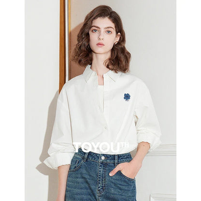 Women Blouse Shirt 2025 Spring New Flower Embroidered Turn Down Collar Pure Cotton White Casual Shirt