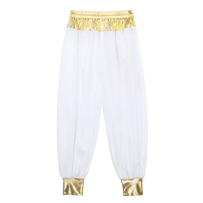 Boys Girls Prince Costume Arabian Prince Fairy Tale Character Cosplay Suits Belly Dance Golden Trim Vest with Satin Bloomer Set