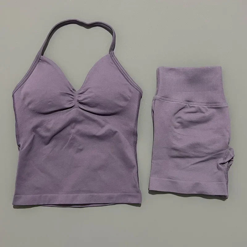 2 Piece Sports Set Women Seamless Yoga Tank With Removable Pads Top Scrunch Butt Workout Leggings Suit Gym Sports Sets