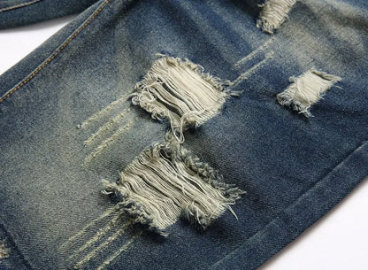 New Summer Vintage Washed Men Denim Shorts Casual Fashion Street Wear Ripped Hole Patches Distressed Male Straight Jeans Shorts