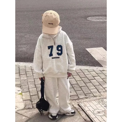 Boy White Grey Stand Collar Letter Sets Loose Casual Cotton Sports Suit Spring Autumn Children's Fashion Tops+Pants 2pcs 1-5 Yrs