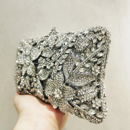 New Arrival Woman Silver Gold Diamond Evening Bag Flower Crystal Birthday Party Handbag Wedding Bridal Gala Floral Purse