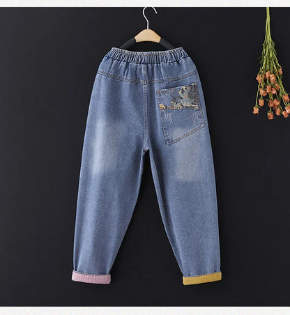 Casual Harajuku Sle Mom Jeans Women's Faion Trendy Hole Design Cotton Stretch Denim l Waist hine Embroidery