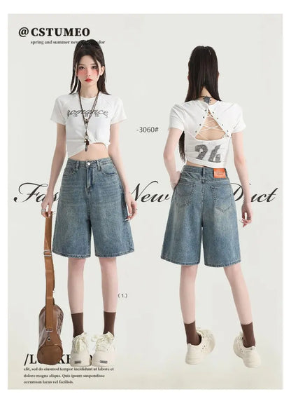 Women's High Waist Wide Leg  Y2K American Retro Washed Five-Point Denim Shorts Summer Loose Slim Straight Cut Mid-Length Pants