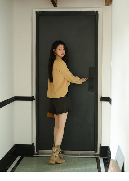 Women's Retro Yellow Lapel Cotton Shirt 2025 Autumn Loose Casual Top Contrasting Button with Pocket Shirts MXE41C2356