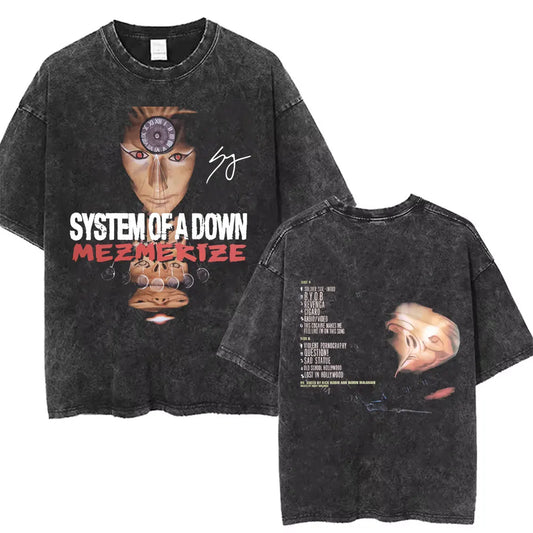 Washed Vintage Rock Band System of A Down Mezmerize Printed T-shirts Men Fashion Classic Metal Tshirt Male Oversized Streetwear