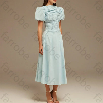 Customize Draped Top Short Sleeve Midi Dress A-Line Evening Dresses Formal Exquisite High Quality Prom Party Gowns for Women