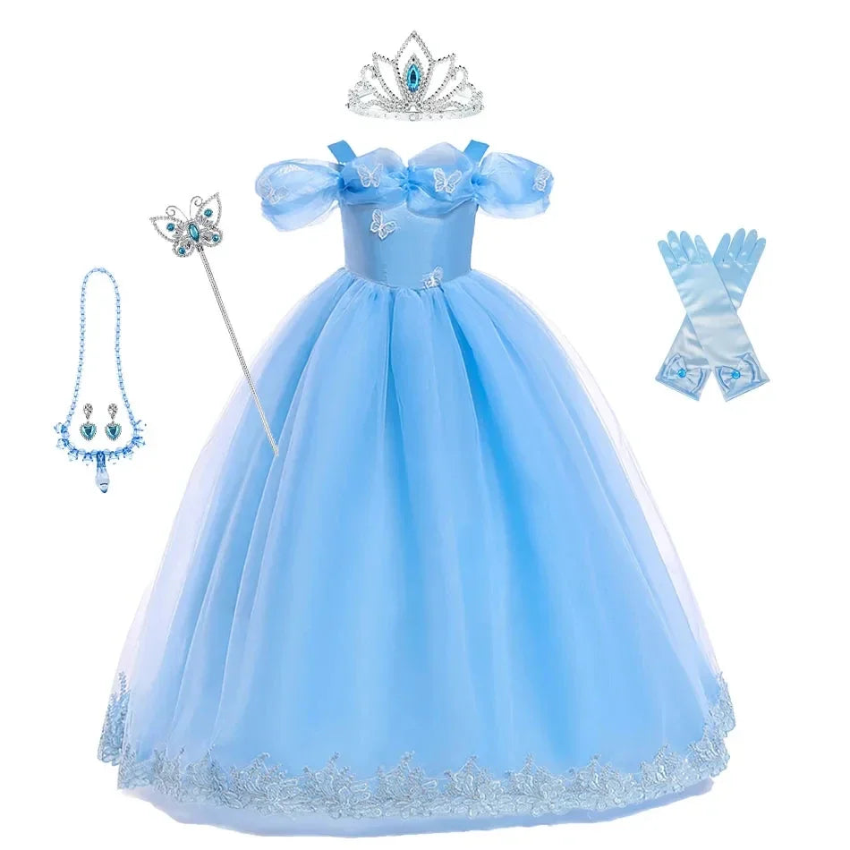 Girls New Year Blue Long Dress for Kids Christmas Birthday Party Dresses Butterfly Cinderella Cosplay Costumes Chidren Outfits
