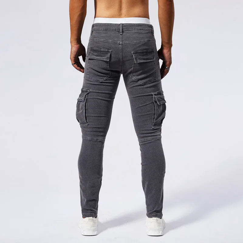 Slim Fit Large Pocket Jeans Cargo Pants for Men Fashionable Casual Hip Hop Stretch Denim Long Pants Male Streetwear Track Pants