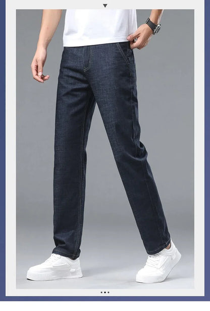 Light blue classic business jeans, fashionable breathable denim elastic pants, black blue men's straight leg jeans, sizes 28-40