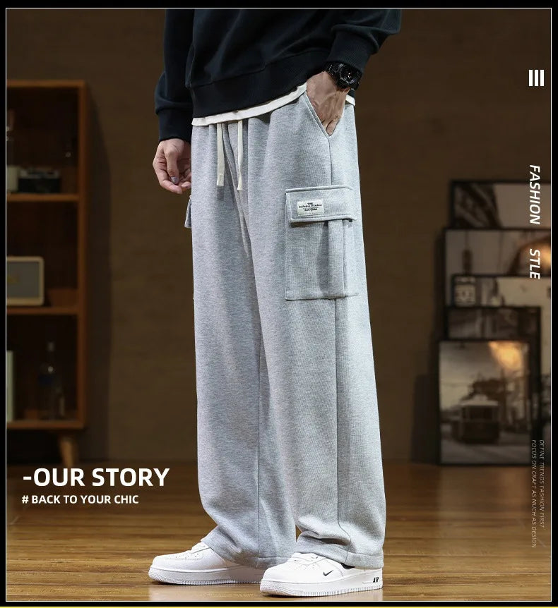 2026 New in Wide Leg Pants Men Autumn Straight Elastic Waist Baggy Cargo Trouser Male Relaxed Streetwear Sweatpant Plus Size Big
