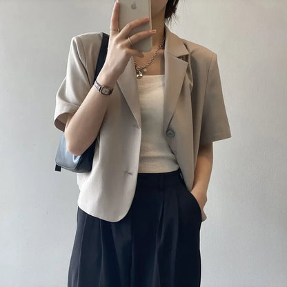 Blazers Women 3 Colors Office Lady New Short Sleeve Pockets Thin Summer Cropped All-match Simple College Quality Soft Streetwear